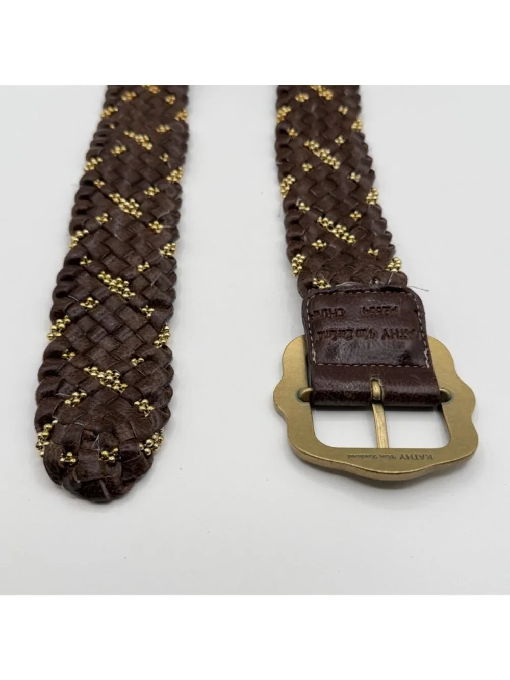 Kathy Van Zeeland Brown Braided Leather Belt w/ Bead Detail Boho Festival